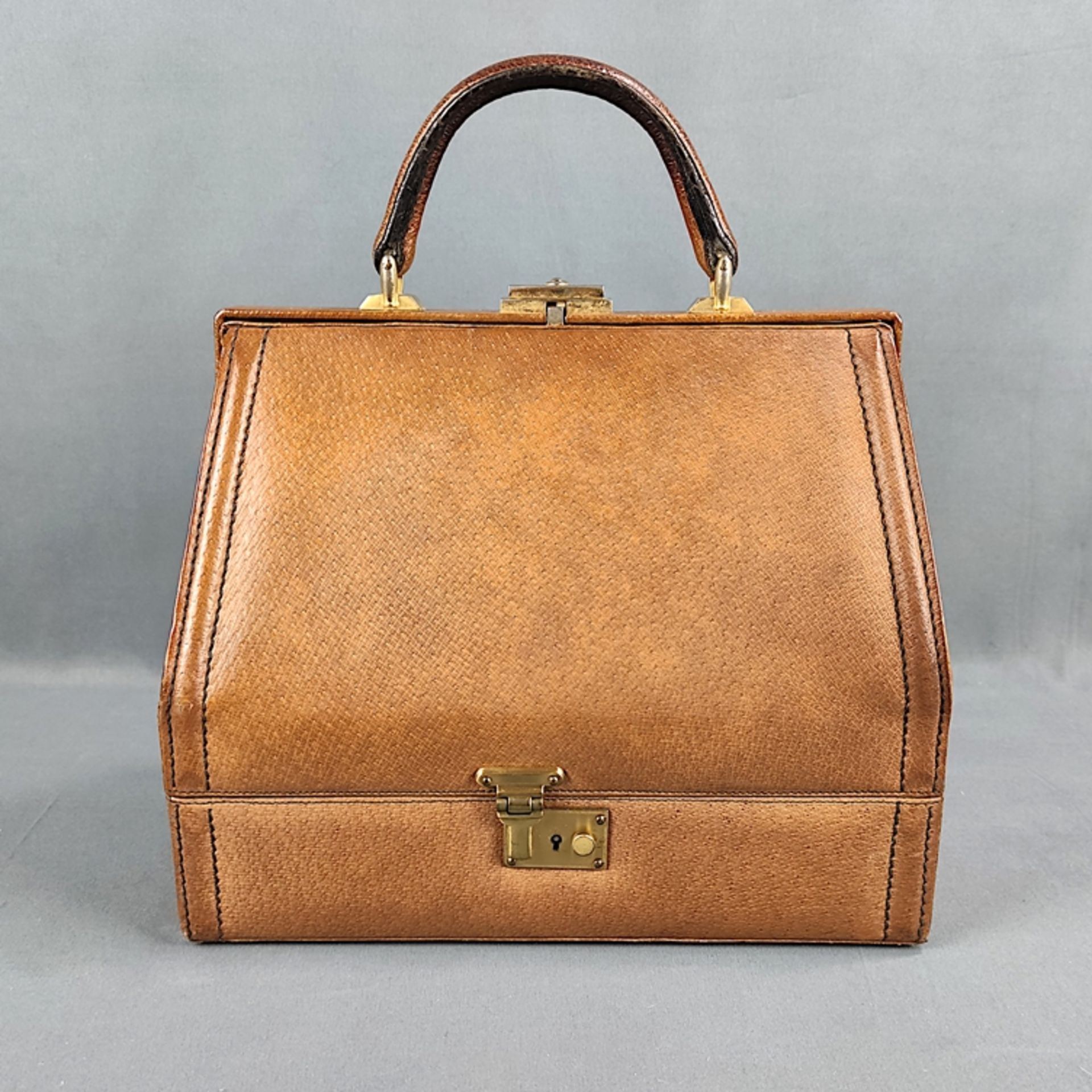 Vintage Handtasche, hellbraunes Leder, Kofferform, George Dorian, unten Fach mit Schlüssel verschli