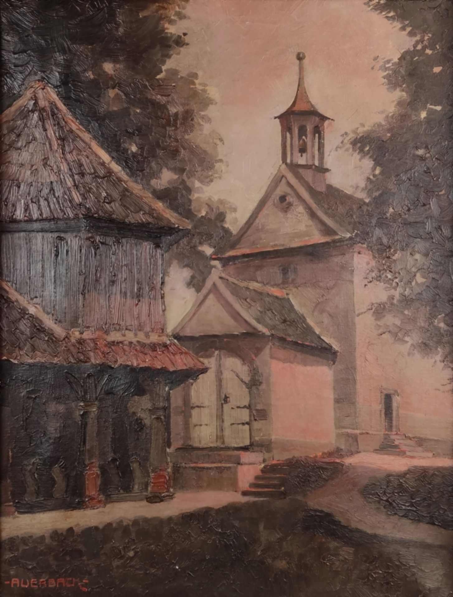 Auerbach (19. / 20. Jahrhundert) "Loretto-Kapelle" in Konstanz bei Sonnenuntergang, Öl auf Leinwand