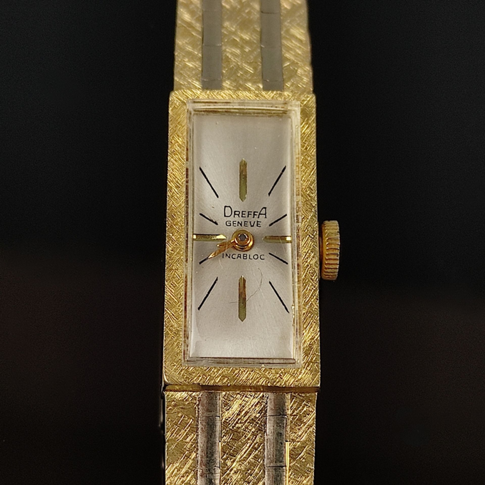 Armbanduhr, Dreffa, Geneve, 585/14K Gelb-/ Weißgold, Gesamtgewicht 31,6g, rechteckiges Gehäuse und  - Bild 2 aus 5