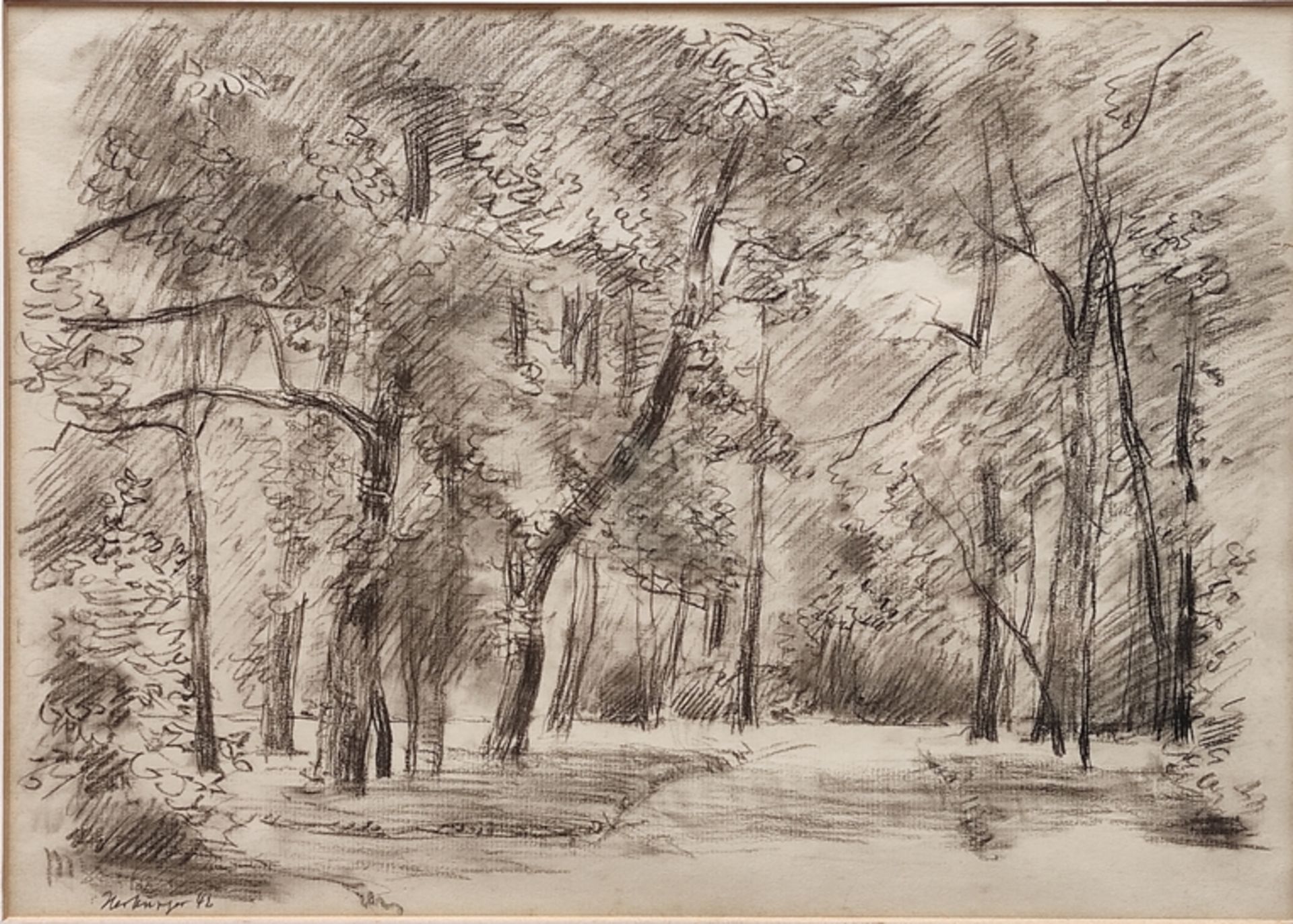 Herburger, Julius (1900-1973 Ravensburg) "Waldweg", Schwarze Kreide auf Papier, links unten signier