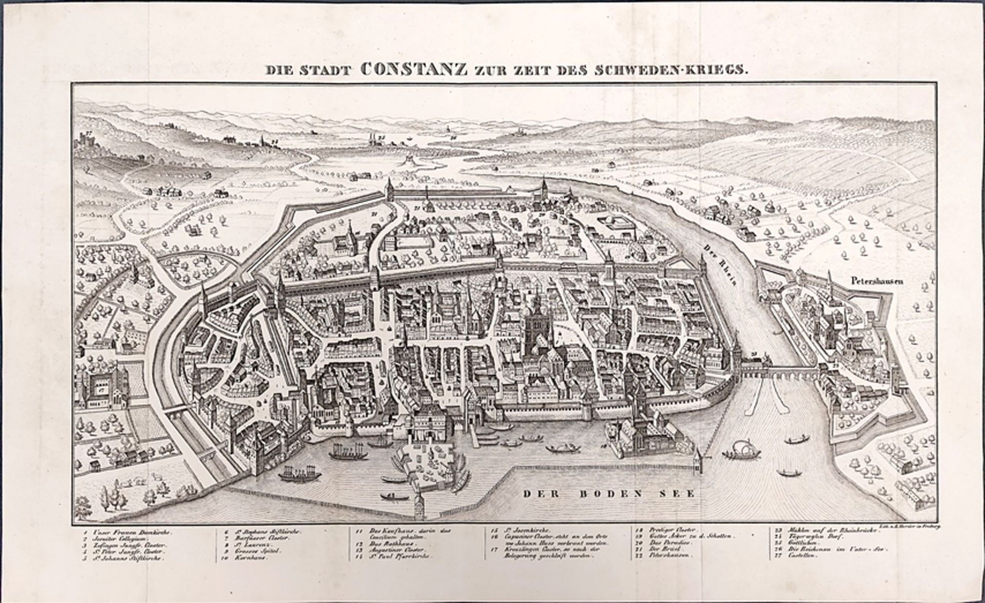 Konstanz, "Die Stadt Constanz zur Zeit des Schweden-Kriegs", Gesamtansicht aus der Vogelschau vom S