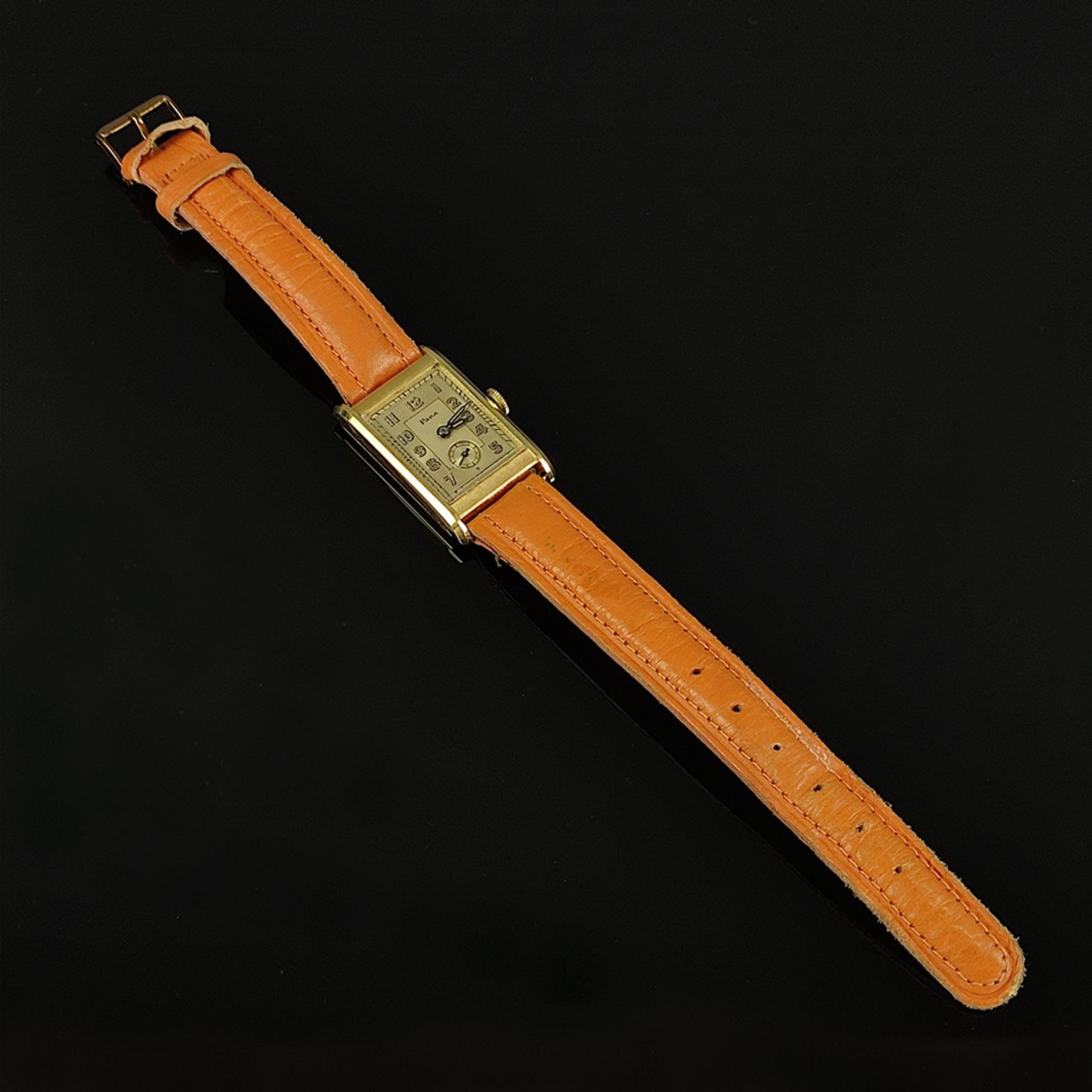 Armbanduhr, Para, 950, Paul Raff, Pforzheim, 585/14K Gelbgold, rechteckiges Gehäuse mit arabischen  - Bild 3 aus 4
