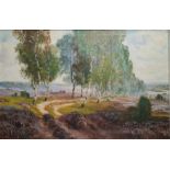 Landschaftsmaler (20.Jahrhundert) "Heidelandschaft", mit Feldweg und weitem Blick, Öl auf Leinwand,