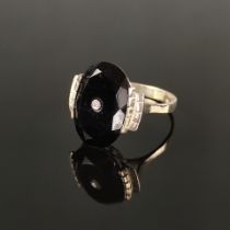 Onyx diamond ring, silver 935, total weight 3.2g, art deco design with oval faceted black onyx with