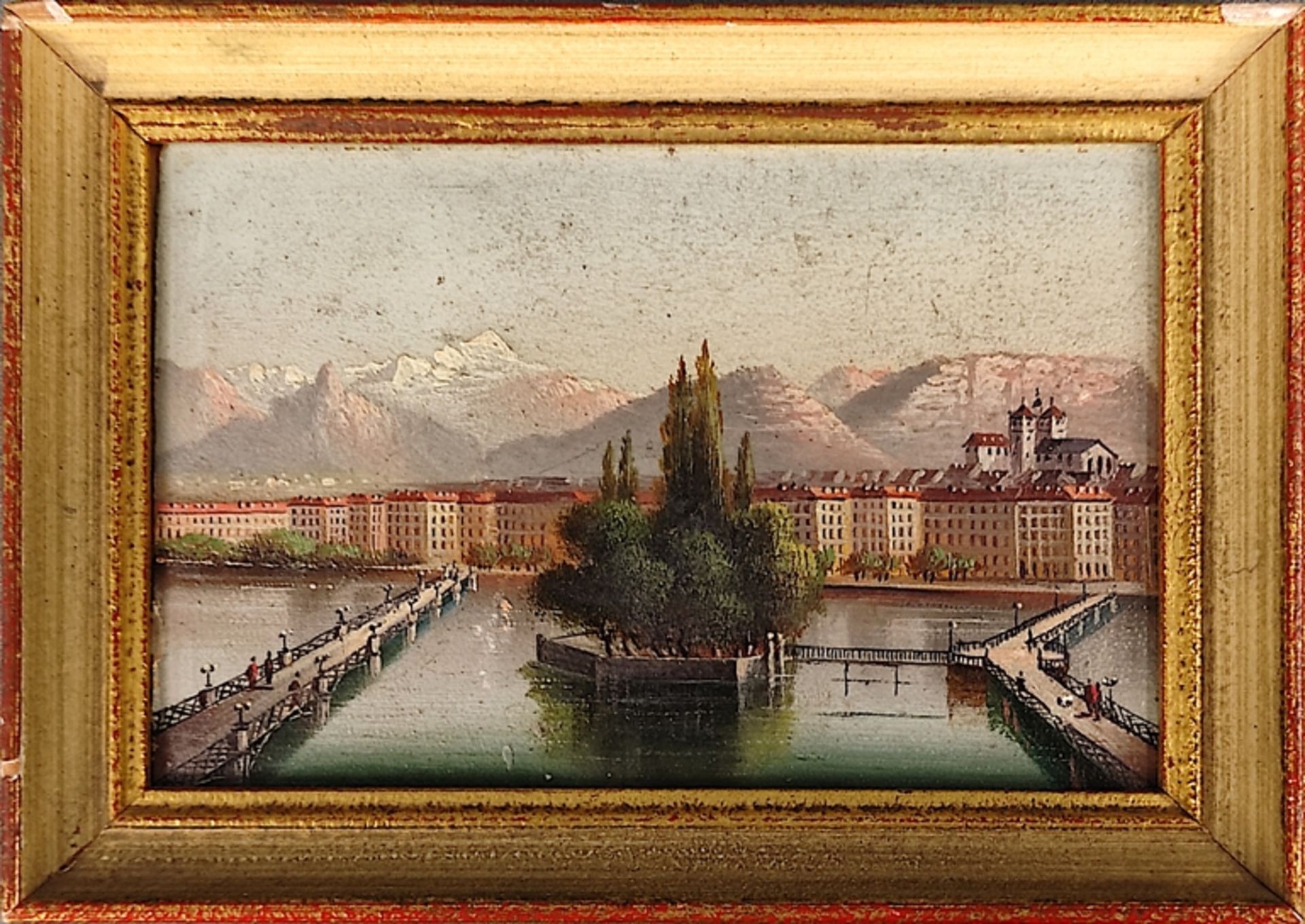 Miniaturmalerei (19./20. Jahrhundert) "Salzburg", im Vordergrund Salzach, im Hintergrund Blick auf  - Bild 2 aus 2