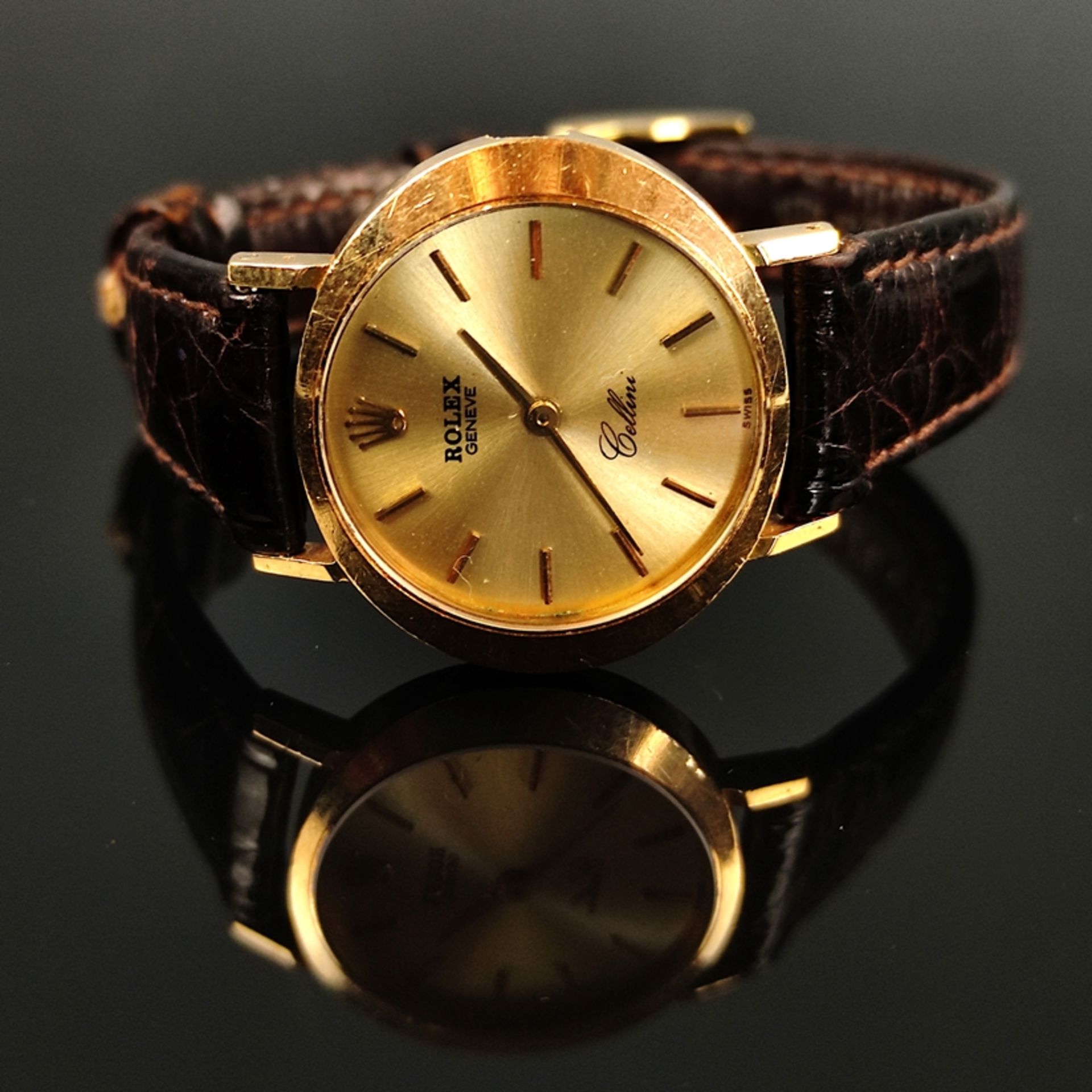 Rolex, Cellini, 750/18K Gelbgold, Handaufzug (defekt, Krone fehlt), ovales Gehäuse, ca. 25x22,5mm,  - Bild 2 aus 4