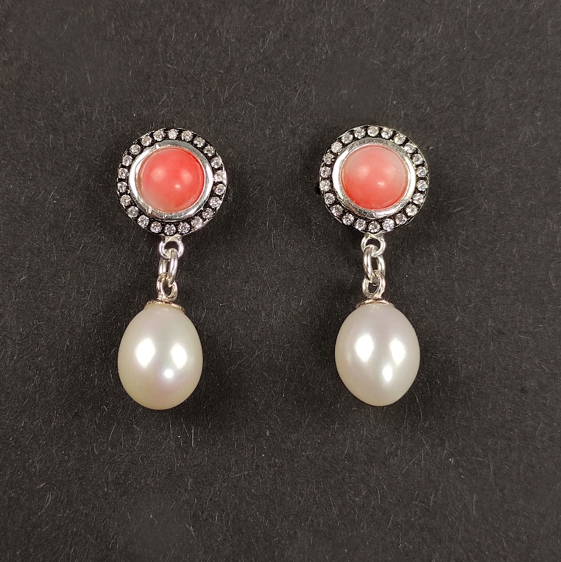 Coral pearl earrings, silver 925, 5g, stud earrings set with delicate salmon red coral cabochons, e