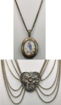 Lot of one antique necklace with medallion and one necklace, medallion with enamel pendant depictin