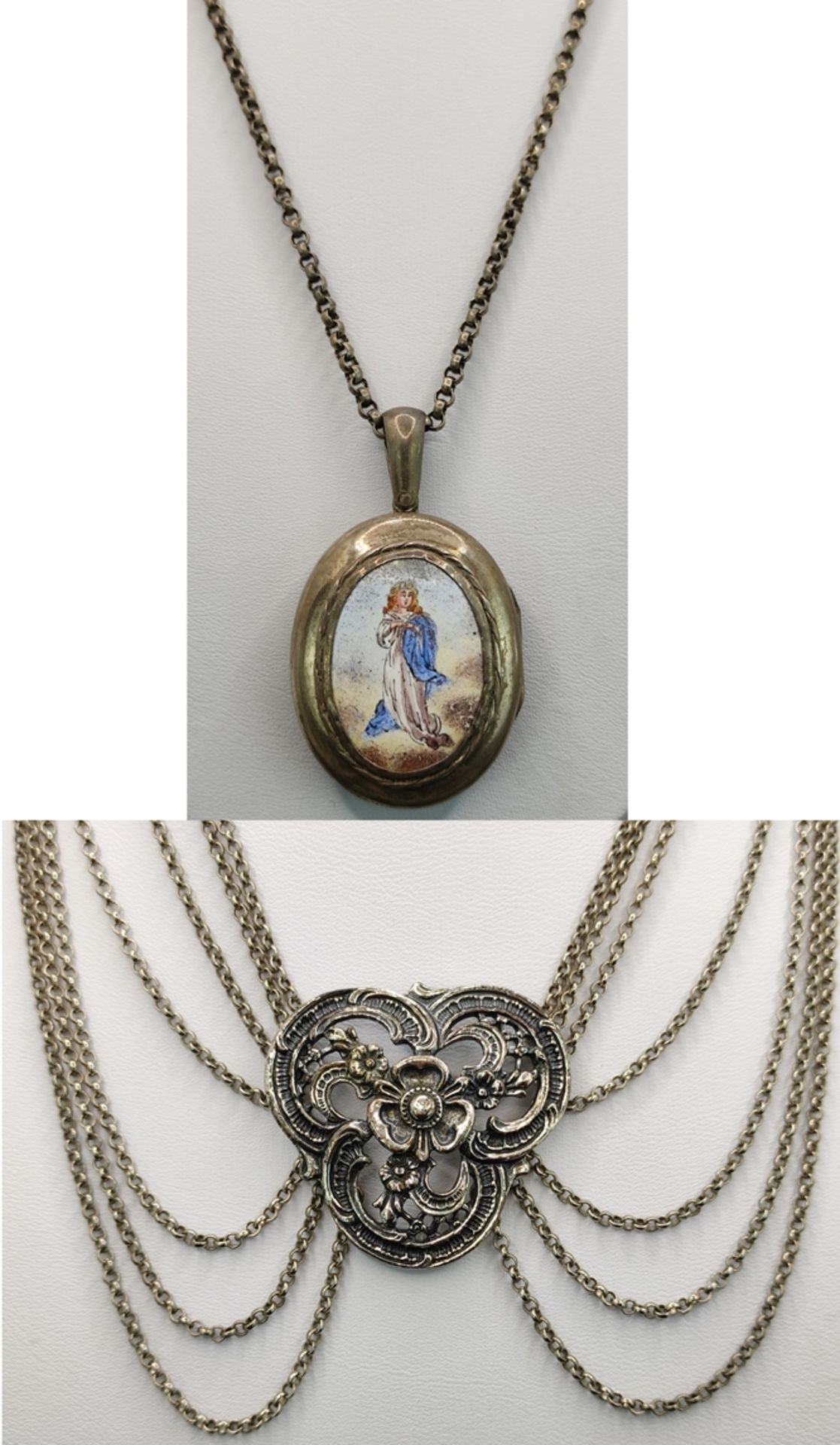 Lot aus einer antiken Kette mit Medaillon und einem Collier, Medaillon mit Emaille-Anhänger mit Dar