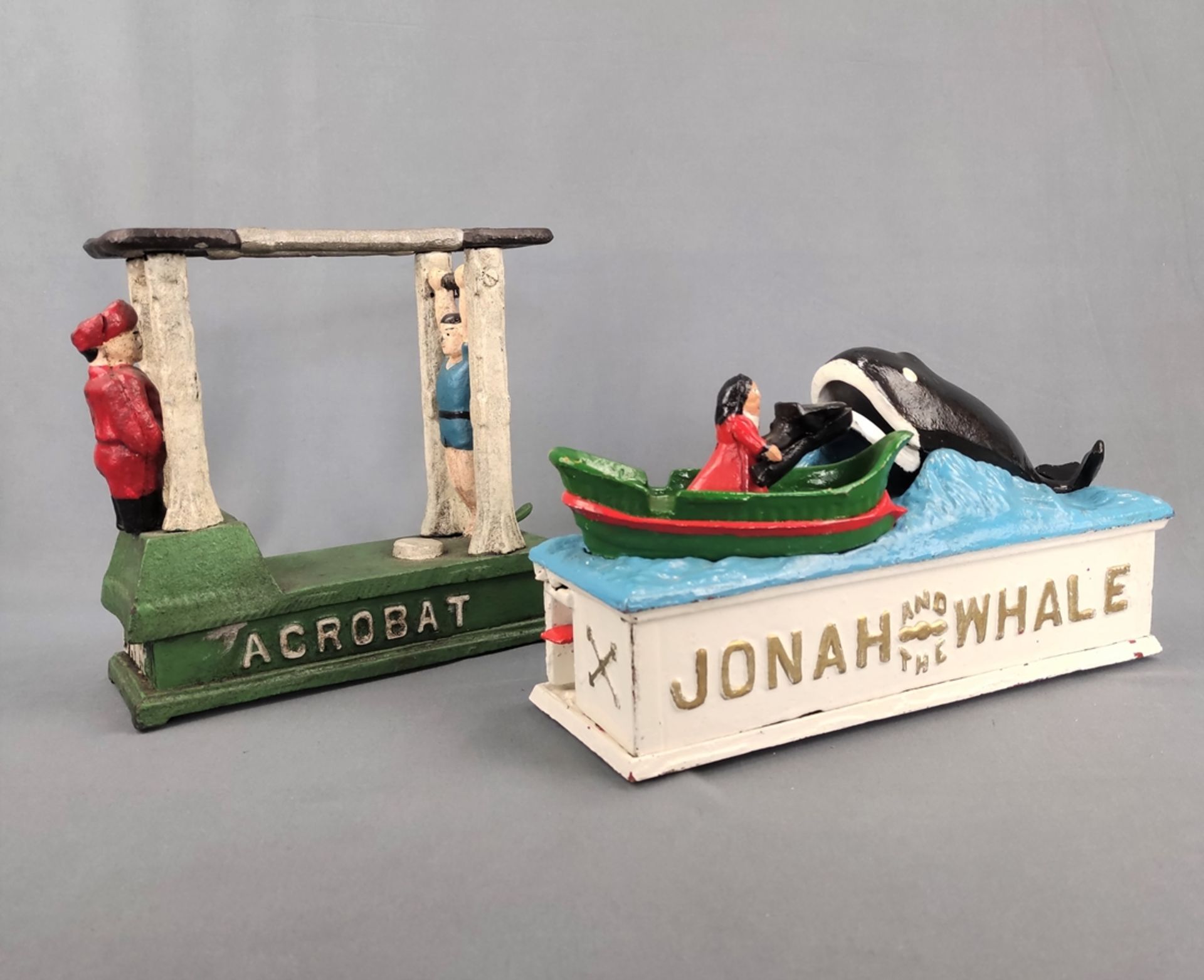 Konvolut zwei Spardosen, Gusseisen, farbig bemalt, bestehend aus "Jonah and the Whale", Nachbau, Ma