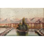 Miniaturmalerei (19./20. Jahrhundert) "Salzburg", im Vordergrund Salzach, im Hintergrund Blick auf
