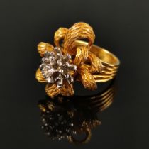 Exclusive goldsmith ring, 750/18K yellow gold, 19g, centered small diamond of approx. 0,17ct., work