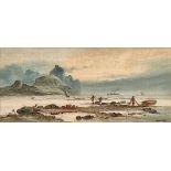 Mayon, L. (19. Jahrhundert) "Fischer beim Netze einholen", an Küste, im Hintergrund Ausblick auf Sc