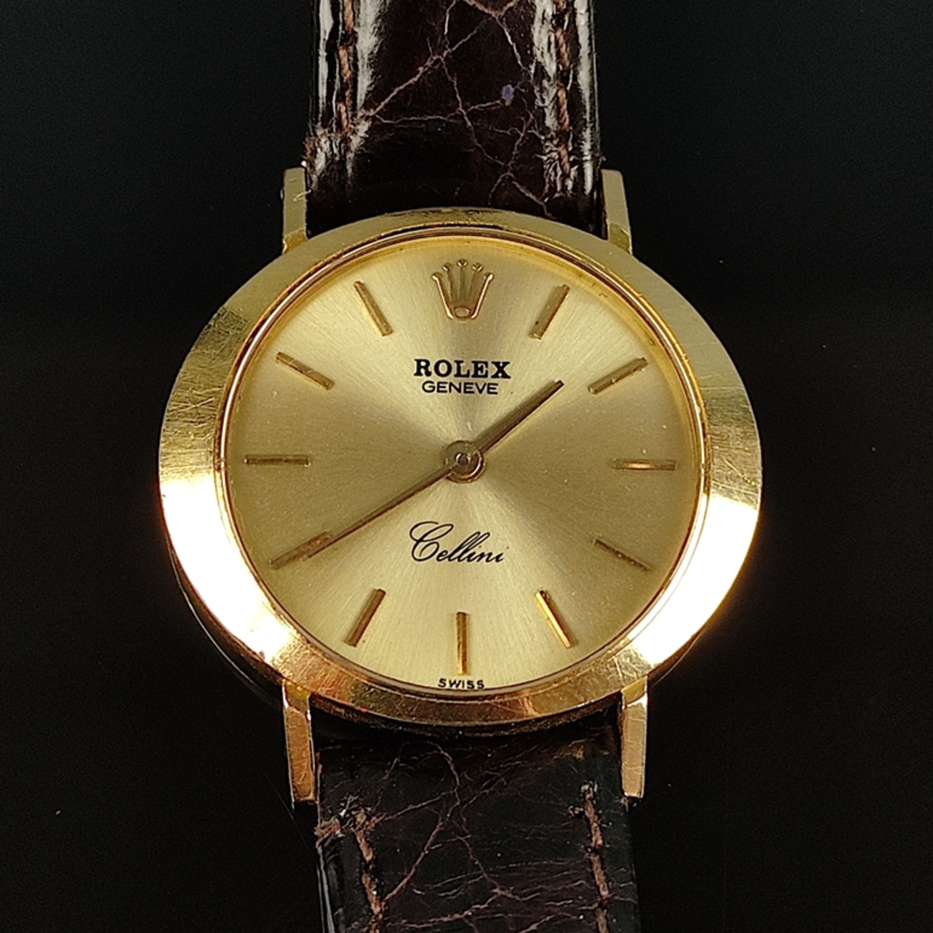 Rolex, Cellini, 750/18K Gelbgold, Handaufzug (defekt, Krone fehlt), ovales Gehäuse, ca. 25x22,5mm,  - Bild 3 aus 4