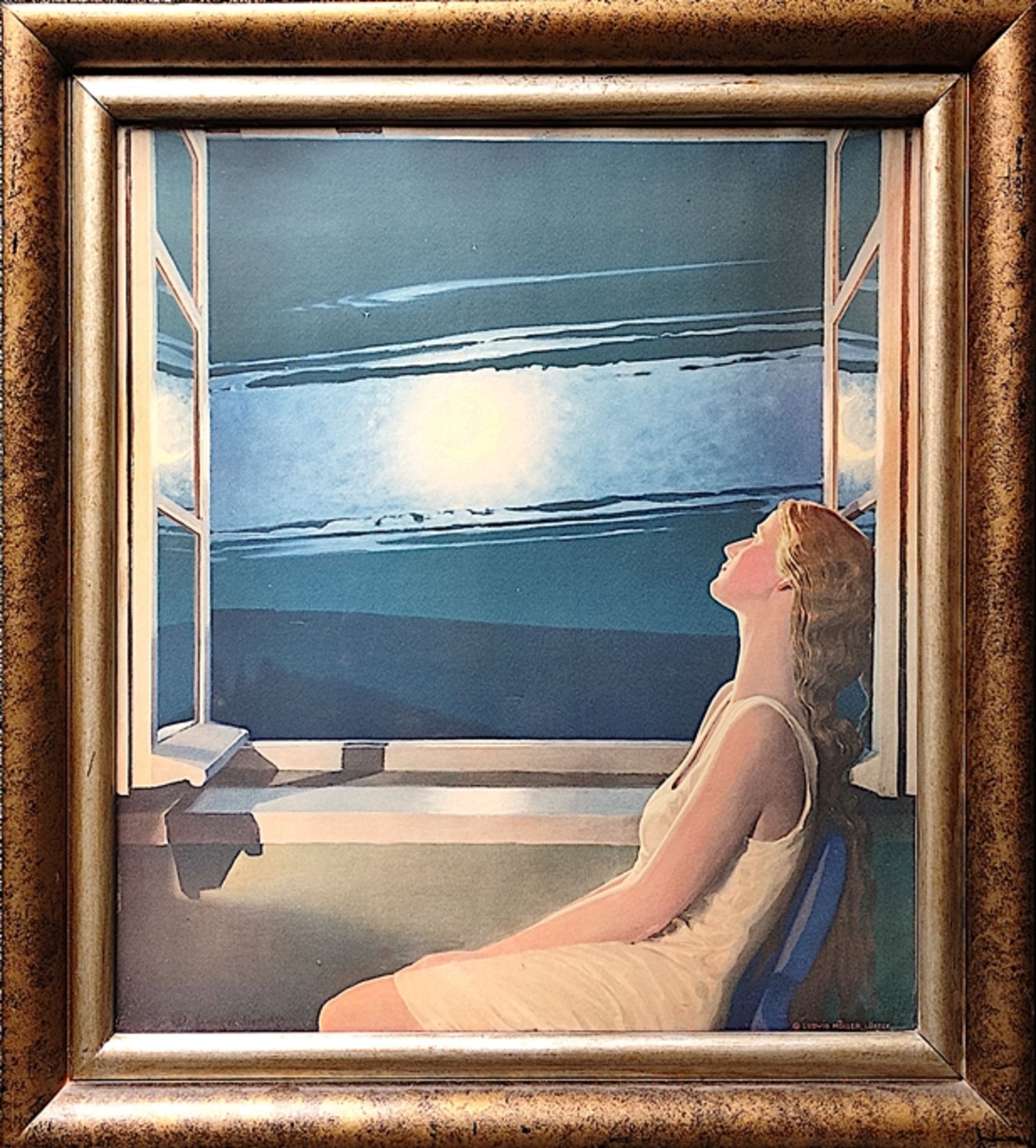 Müller, Wolfgang (20th century) "Woman at the window", color lithograph, signed on the left in the  - Image 2 of 4