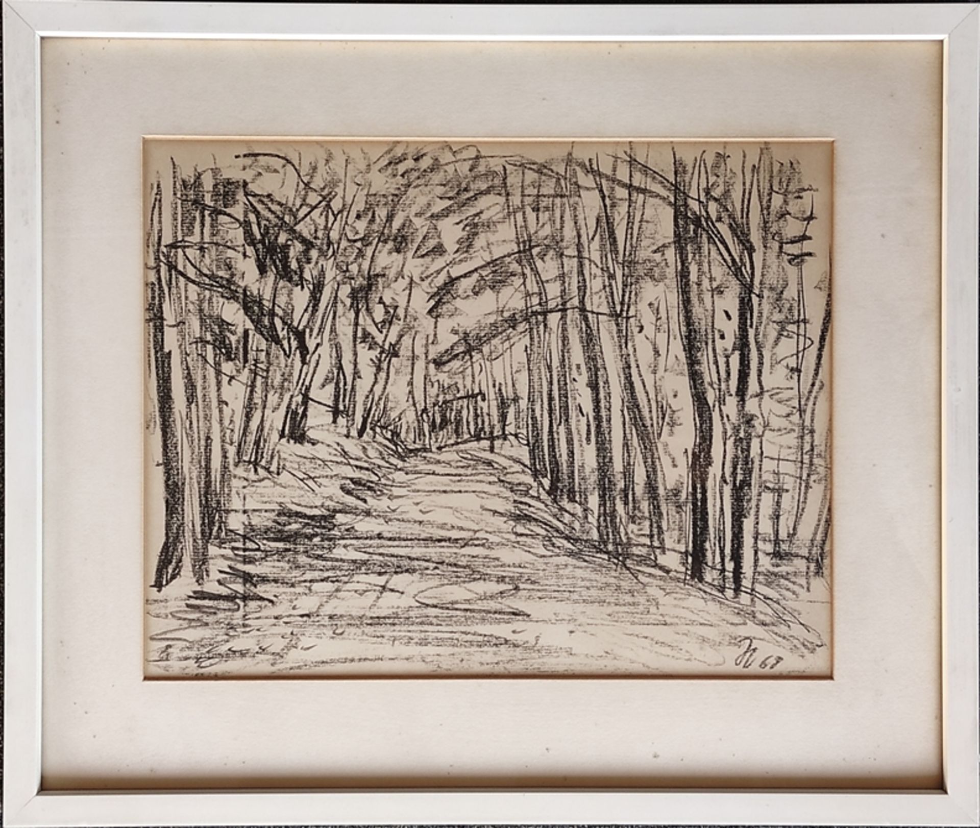 Herburger, Julius (1900-1973 Ravensburg) "Waldweg II", Schwarze Kreide auf Papier, links unten mono - Bild 2 aus 5