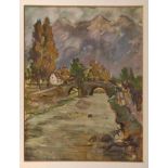 Kusche, Paul (1882-1952 Karlsruhe) "Bachlauf mit Steinbrücke", über die Pferdekutschen fahren, Berg