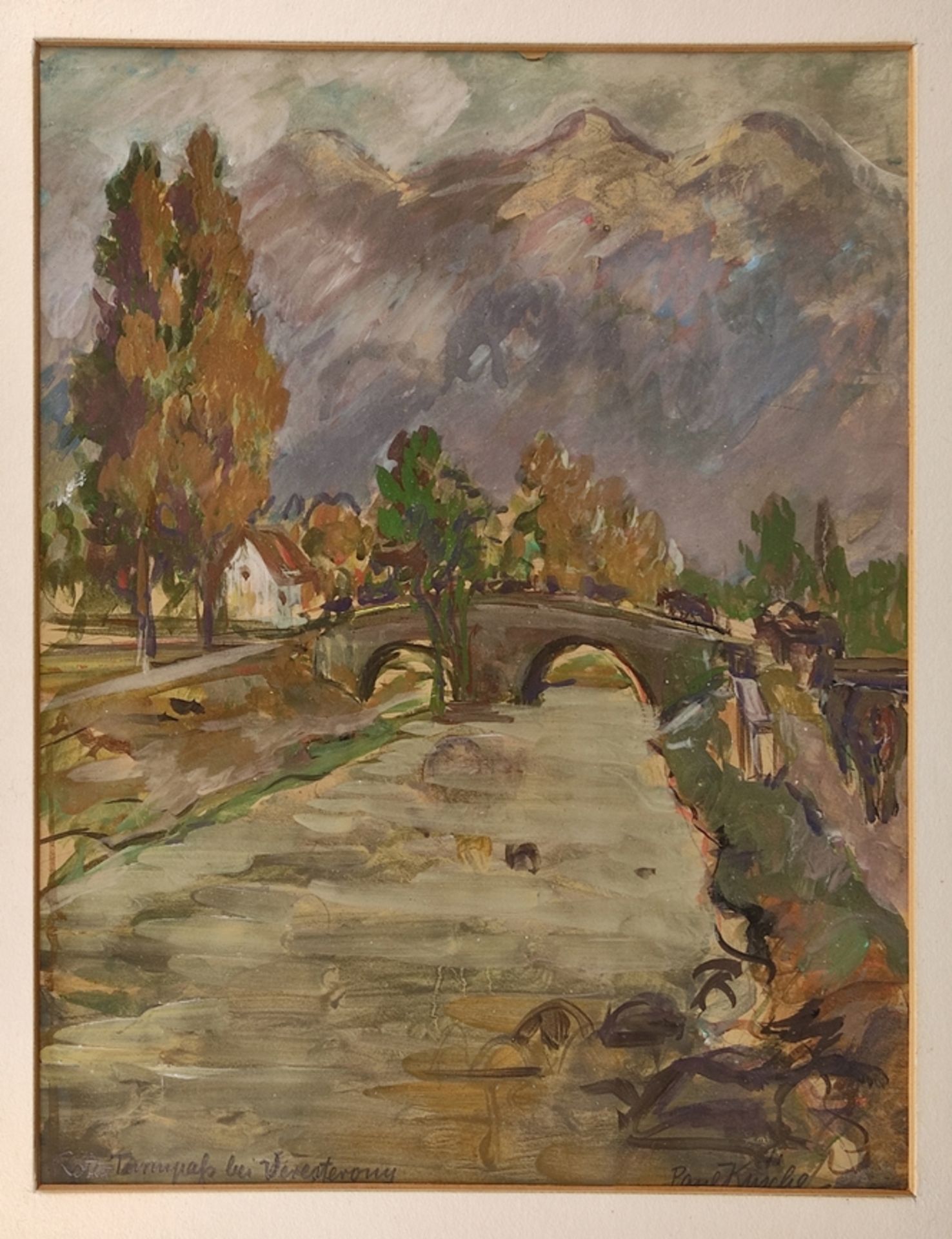 Kusche, Paul (1882-1952 Karlsruhe) "Bachlauf mit Steinbrücke", über die Pferdekutschen fahren, Berg