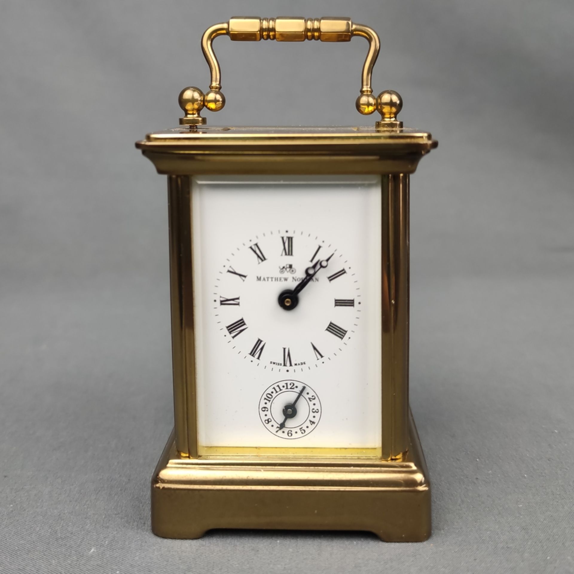 Reisewecker, Miniatur-Reiseuhr, Matthew Norman, Ref. 1760, Messing vergoldet, allseitig verglast, w