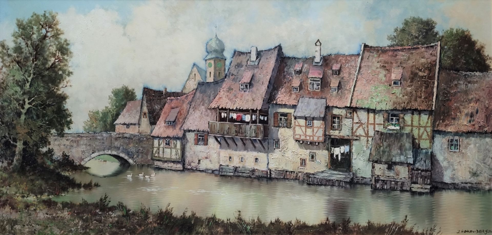 Hohenberger, J. (1911-?) "Dorfansicht am Fluss" mit mittelalterlicher Brücke, Öl auf Leinwand, rech