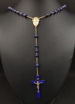 Rosary with lapis lazuli ball, center inset Madonna image at the end Christ cross, 585/14K yellow g