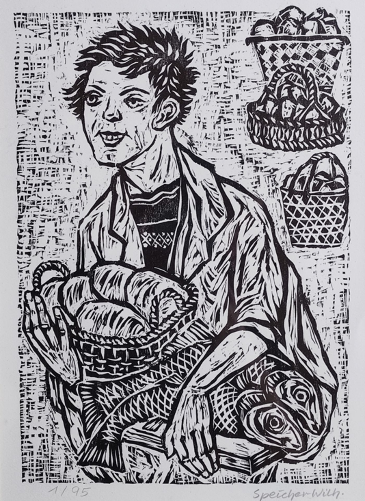 Speicher, Wilh. (20. Jahrhundert) "Einkauf", Person mit Broten und Fischen in den Händen, im Hinter