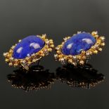 Design-Schmuck, Gloor, repräsentative Lapislazuli Ohrclips, 750/18K Gelbgold, Gesamtgewicht 20,35g,