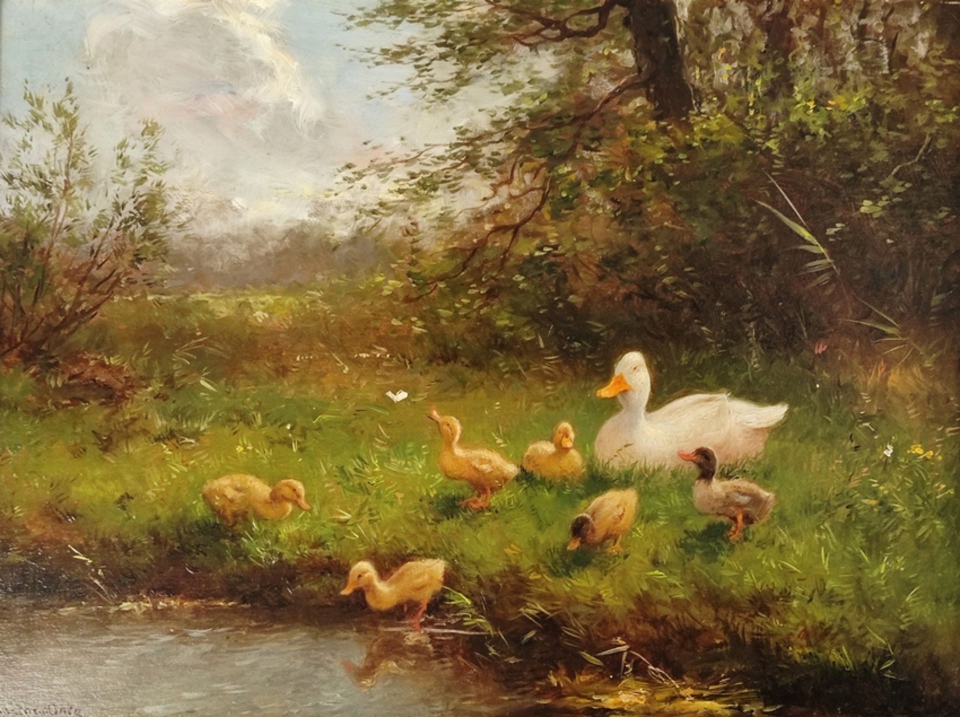 Artz, Constant (1870 Paris -1951 Soest) "Duck Family on the Riverbank", proud mother duck with her 