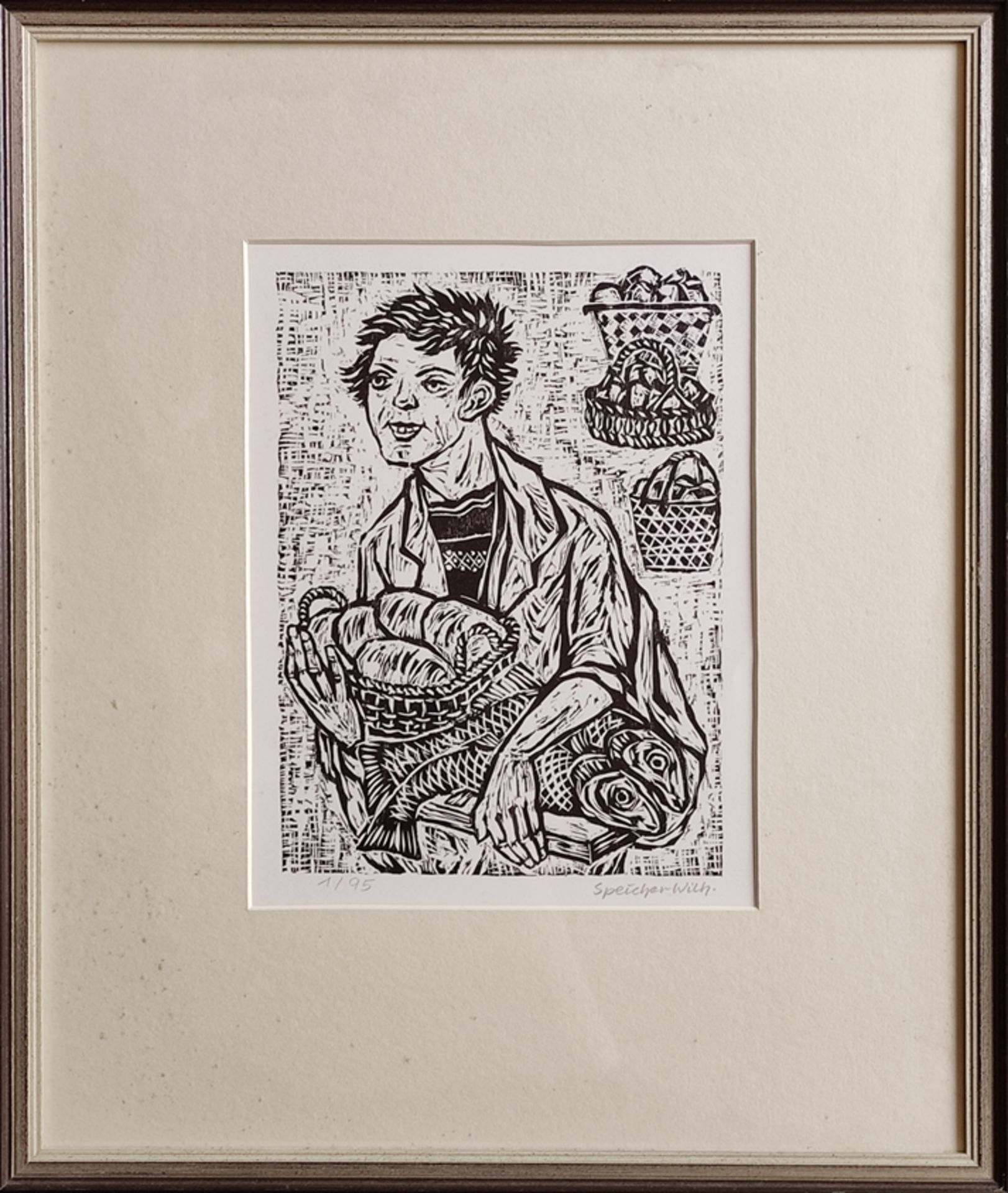 Speicher, Wilh. (20. Jahrhundert) "Einkauf", Person mit Broten und Fischen in den Händen, im Hinter - Bild 2 aus 3