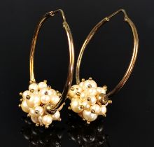 Designer pearl hoops, silver 925, gold plated in 585/14K yellow gold, total weight 14,8g, large hoo