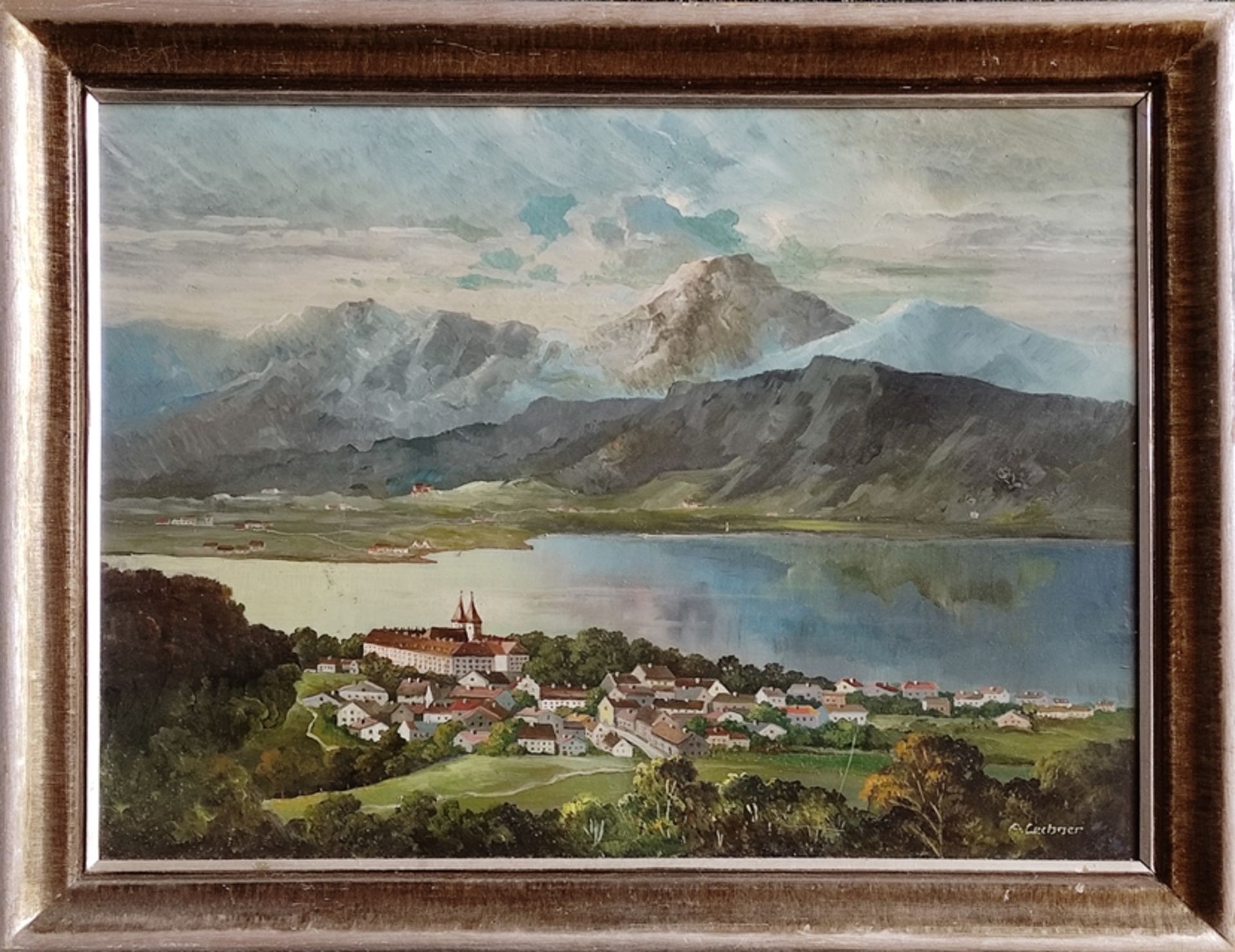 Lechner, A. (20. Jahrhundert) "Kloster Tegernsee" mit Bergpanorama, aus der Vogelperspektive, recht - Bild 2 aus 6