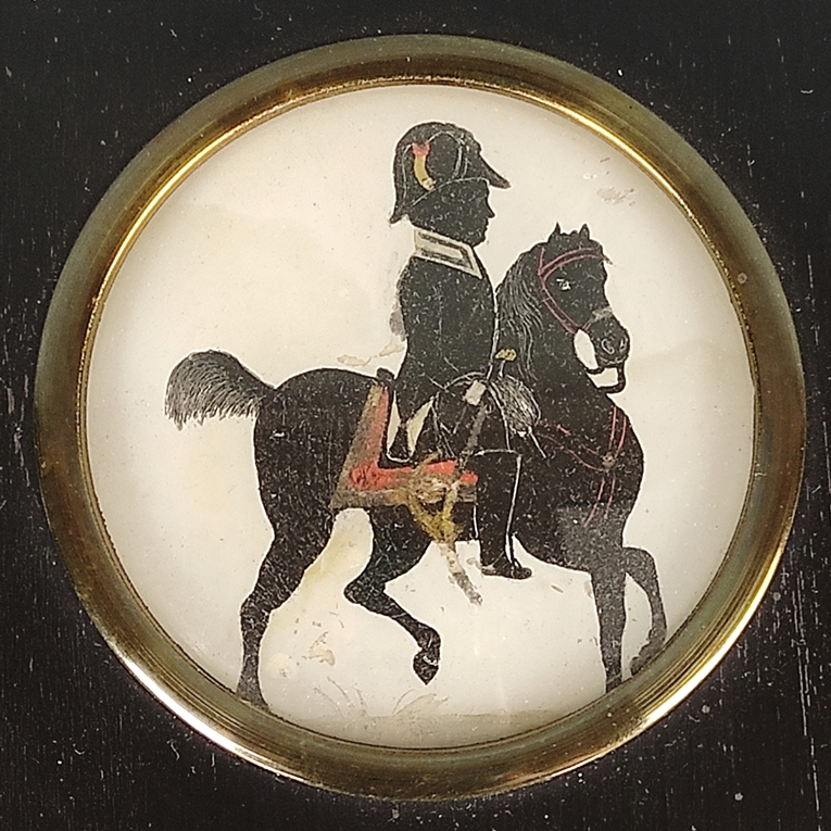 Miniature painting (18th/19th century) "Napoleon on horseback", diameter image about 7cm, in blacke - Image 3 of 3