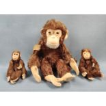 Steiff-Affen, US-Zone, 3 Stück, bestehend aus einem großen Affen, 5324, Höhe 27cm, und zwei kleinen
