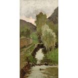 Landschaftsmaler (19./20. Jahrhundert) "Gewässer" mit Bäumen und kleiner Mauer, unsigniert, Öl auf