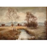 Wohlrab, Hans (1905 Eger - 1978 Nabburg) "Landschaft mit Bach", mit Bergpanorama, Öl auf Platte, re