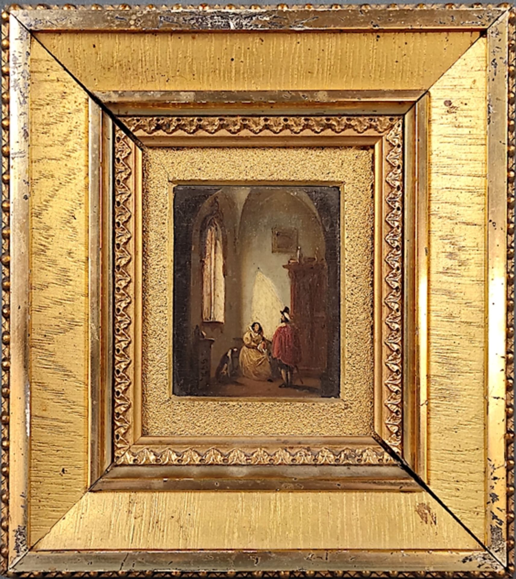 Miniature painting (19th century) "Domestic scene" with sitting dog, oil on wood, monogrammed on th - Image 2 of 3