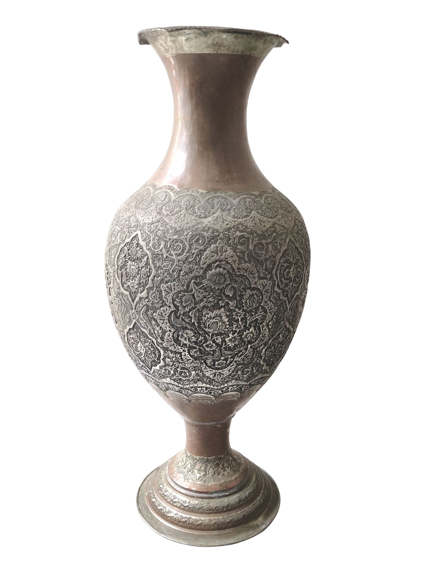 Large vase, bulged with flared rim, tapered below on round stand, fine chased floral decoration, me