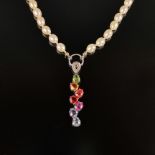 Designer-Collier, Brillanten und Multicolor-Saphiren, Silber 925, weiße Zuchtperlen in feinem Lüste