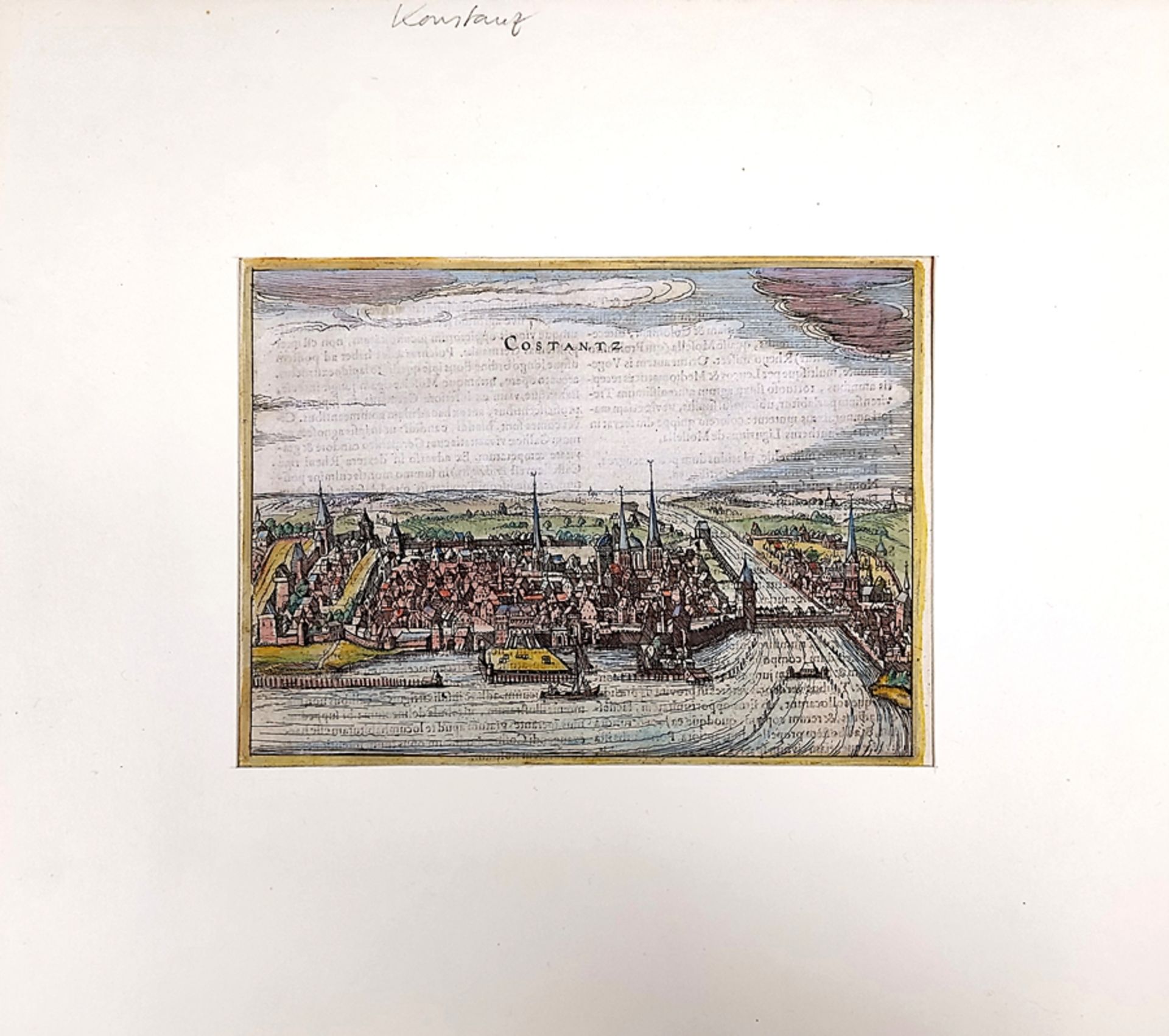 Konstanz, "Constantz", Ansicht aus der Vogelschau vom See aus, handkolorierter Kupferstich, Petrus  - Bild 2 aus 4