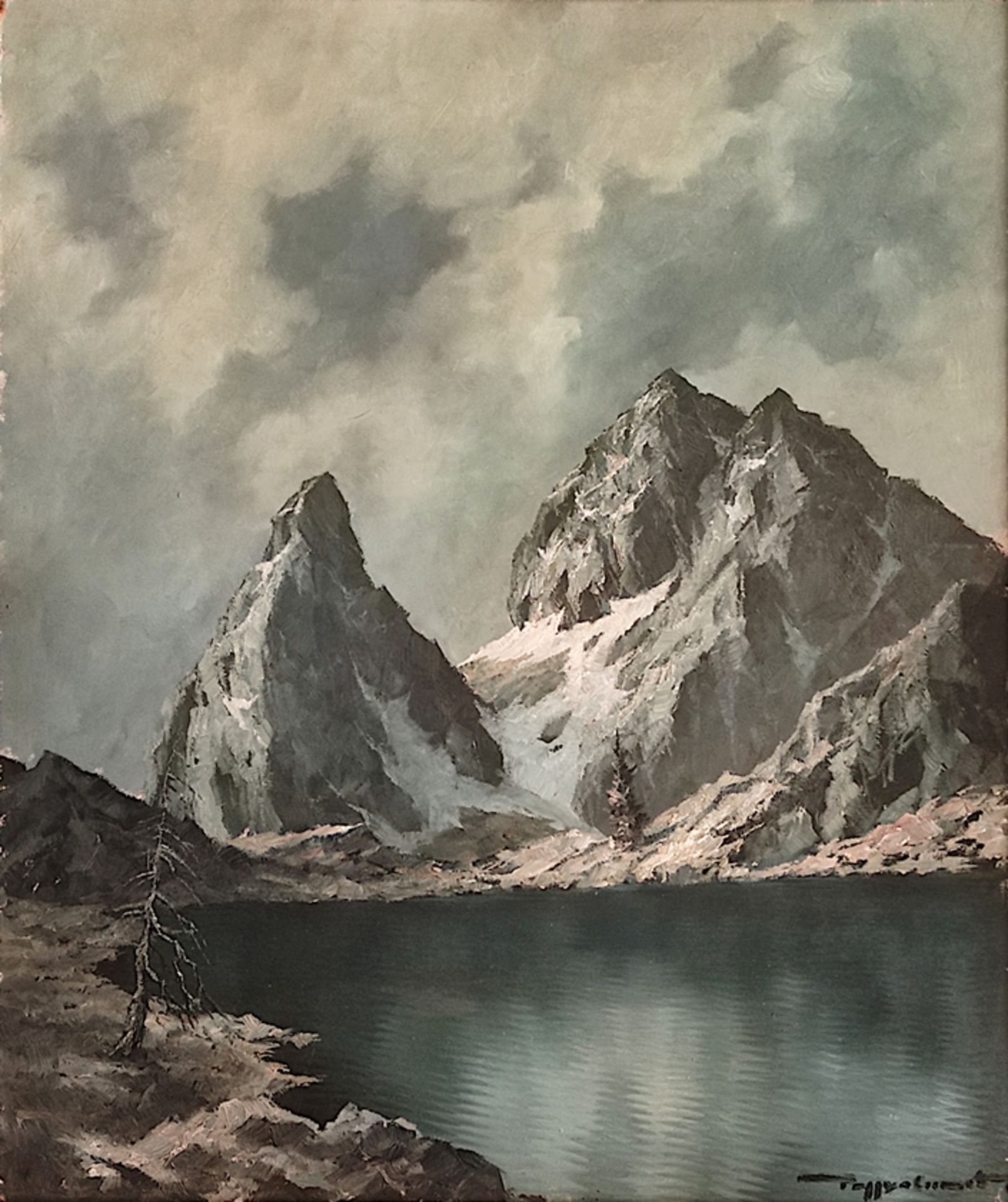 Artist of the 20th century, "Mountain lake in the Dolomites", oil on panel, signed lower right, tit