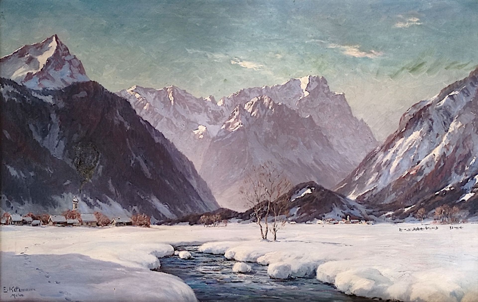 Kettemann, Erwin (1897 München - 1971 Tegernsee) "Blick auf die Zugspitze", im Vordergrund das vers