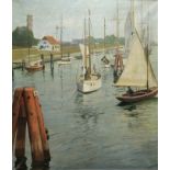 Unbekannt (20. Jahrhundert) "Kleiner Hafen mit Segelbooten", in ruhiger Sommerstimmung, Öl auf Lein