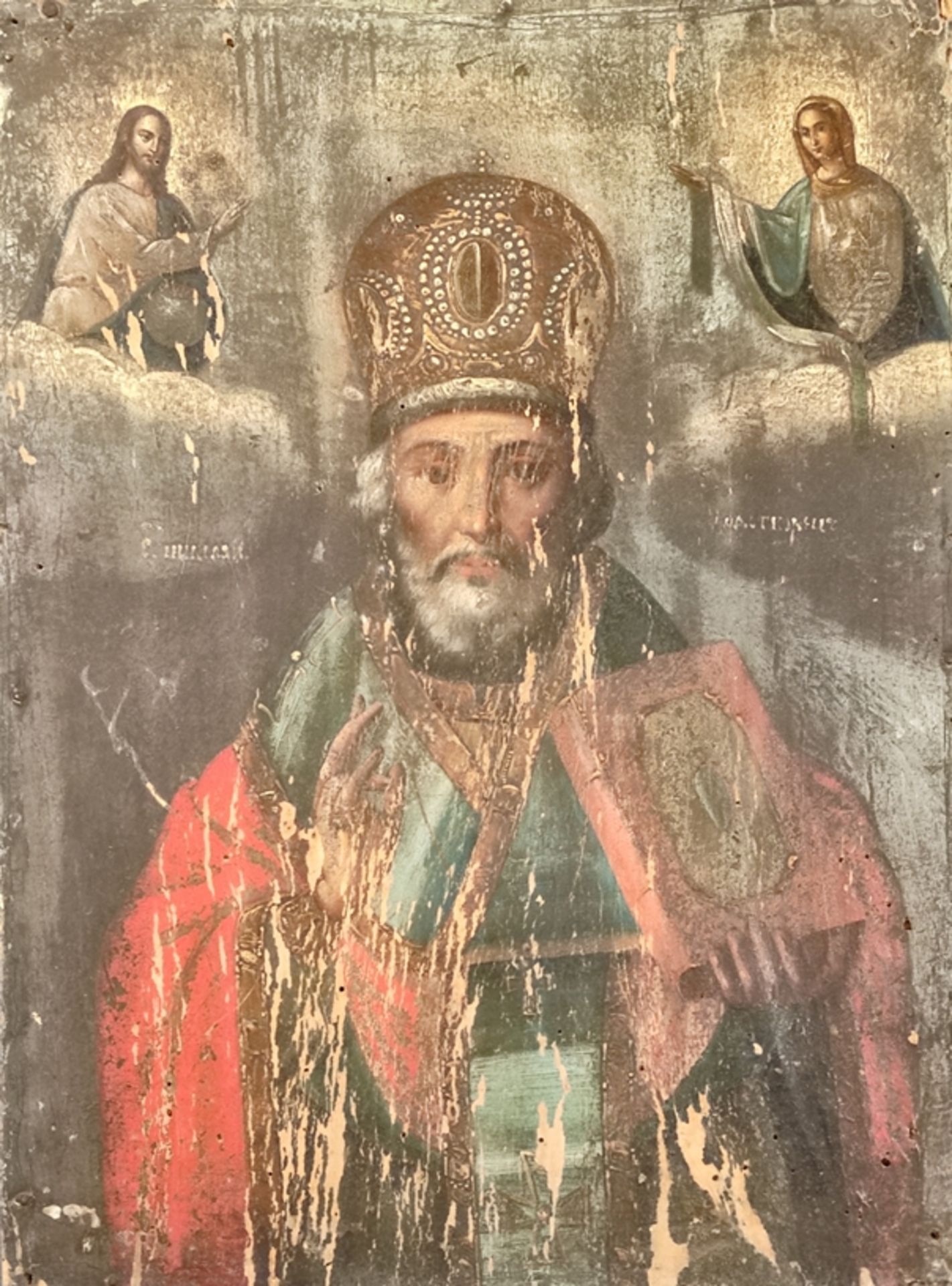 Ikone "Heiliger Nikolaus von Myra", flankiert in Kopfhöhe von Christus und der Gottesmutter, fein g