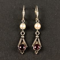Garnet-Akoya pearl earrings, silver 925, total weight 4,3g, hinged earwire with genuine white Akoya