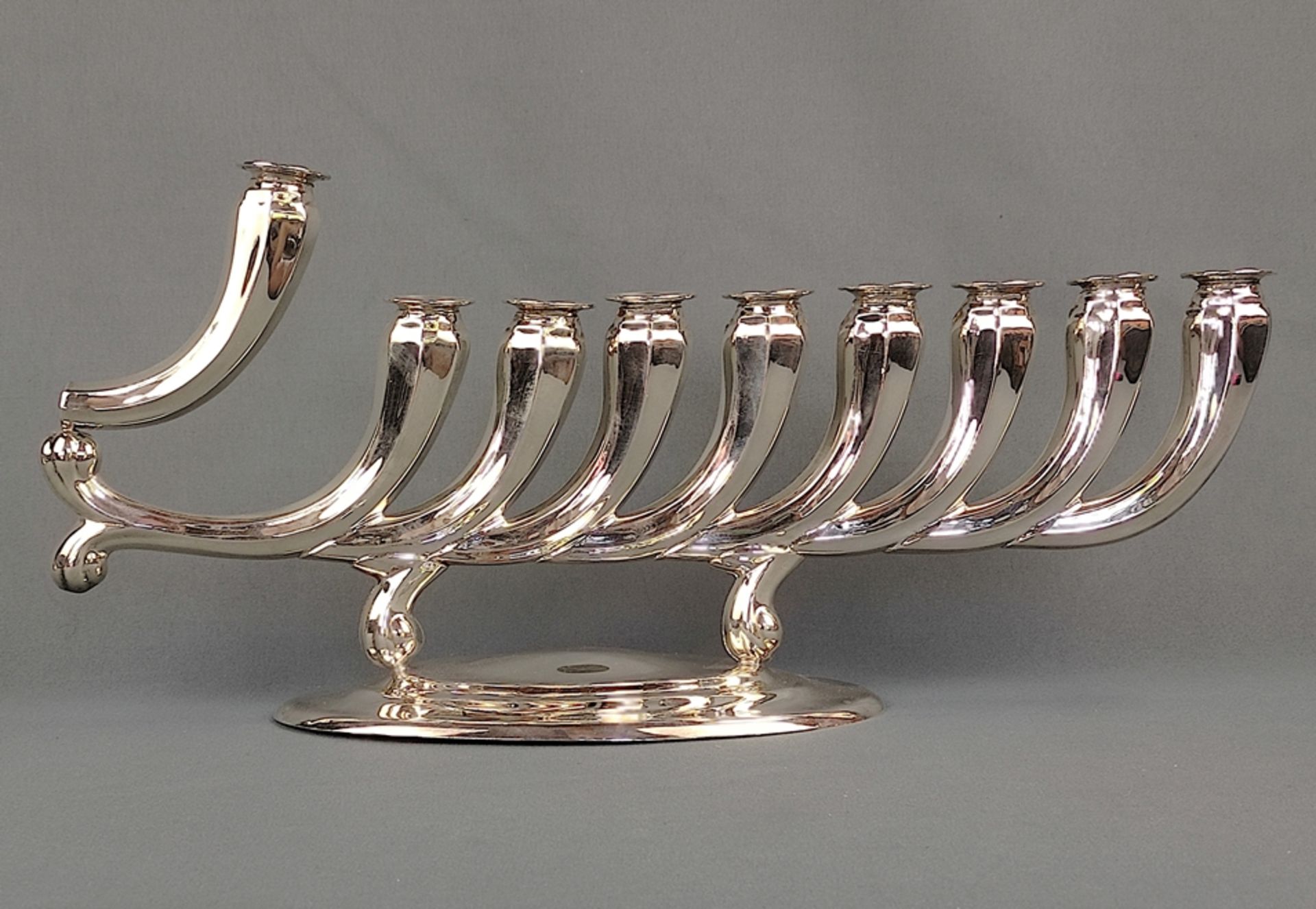 Modern Hanukkah candlestick, with 8 light holders and one servant, 925 silver, 546g, Hazorfim, Isra