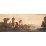 Landschaftsmaler (18. Jahrhundert) "Rheinlandschaft", mit romantisierter Burgruine am Rhein und Per