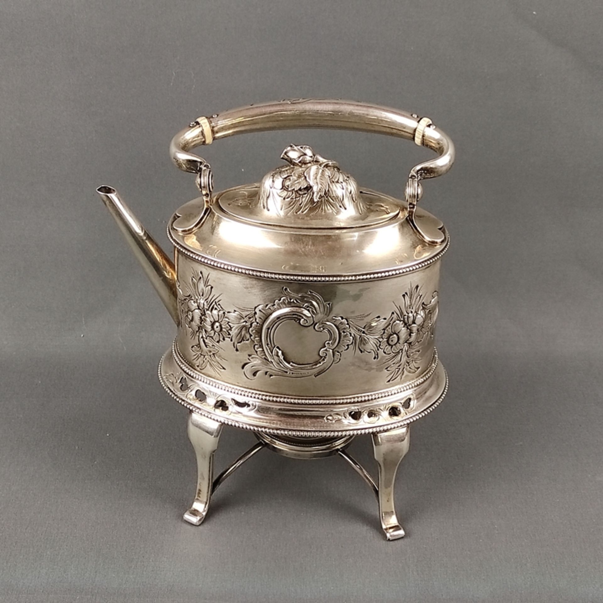 Tiffany & Co., 1856, John C. Moore & Son, teapot with rechaud, with floral decoration and fully scu