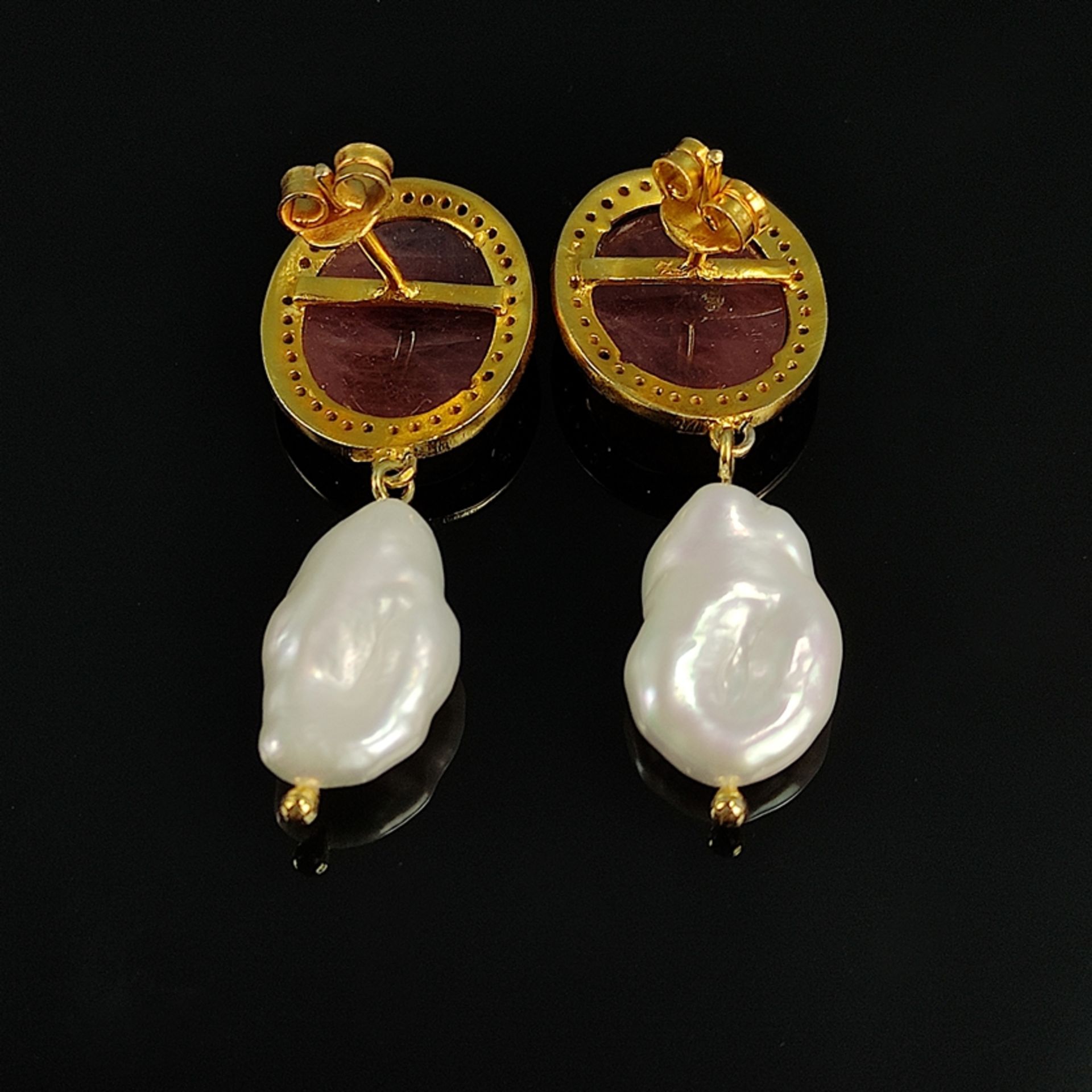 Designer sapphire- keshi pearl earrings, silver 925 in 585/14K yellow gold plated, 10,5g, faceted r - Image 3 of 4
