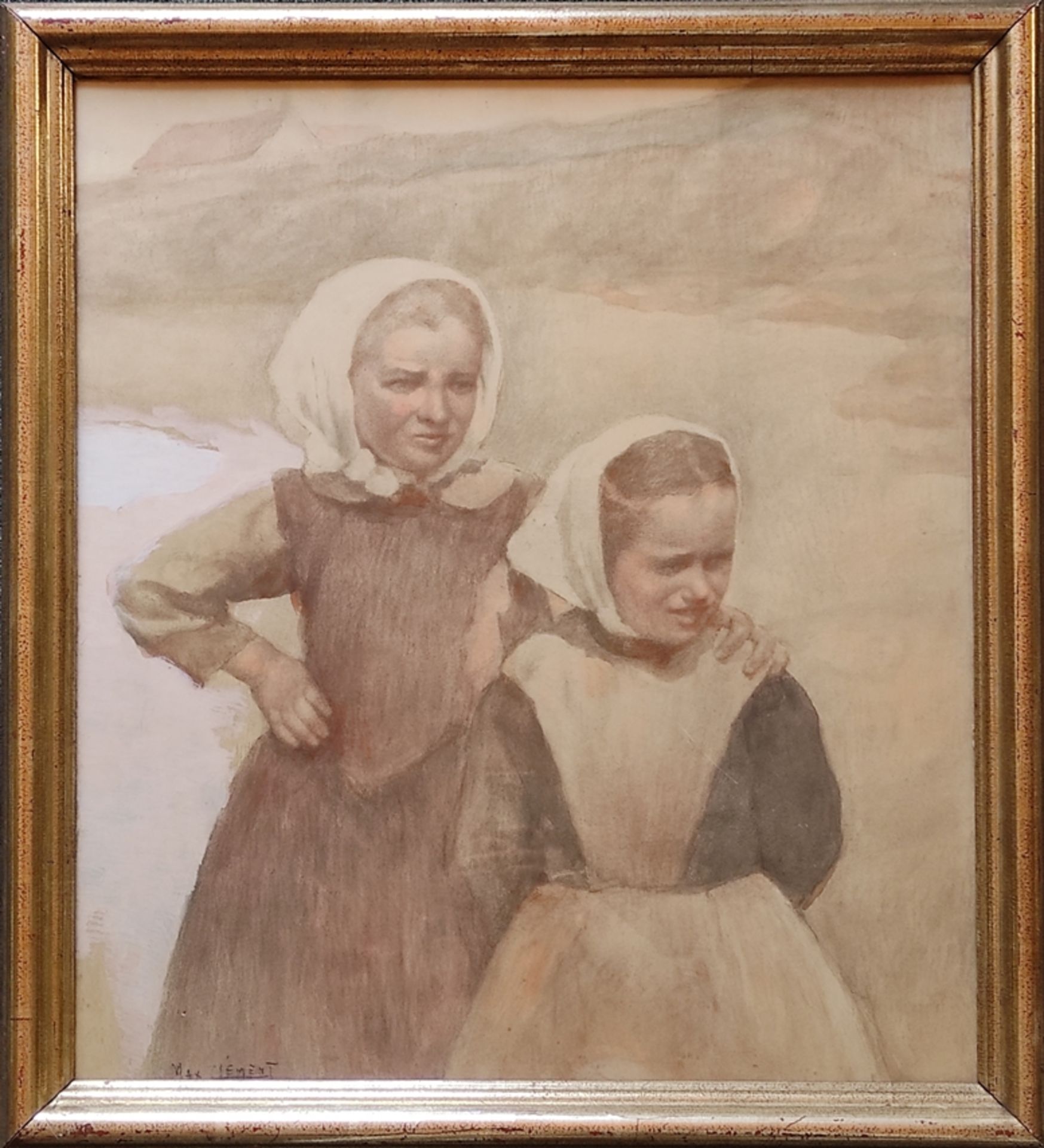 Clément, Max (1912 Wünnewil/Schmitten - 1995 Tafers) "Two girls with headscarf" in front of a mount - Image 2 of 3