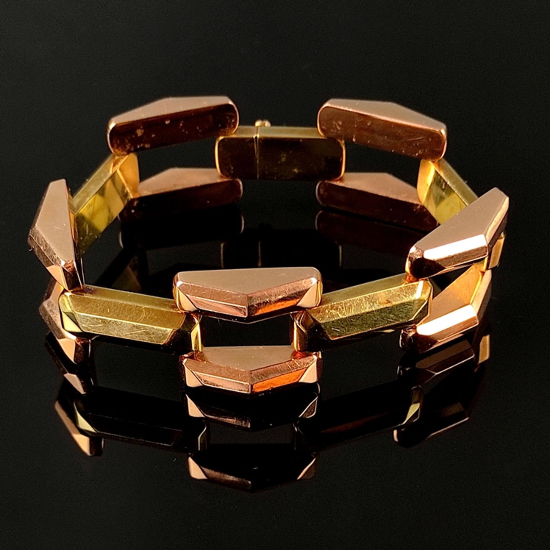 Extravagant vintage bracelet, 585/14K rose/yellow gold, 35.48g, made of links in geometric shapes, 